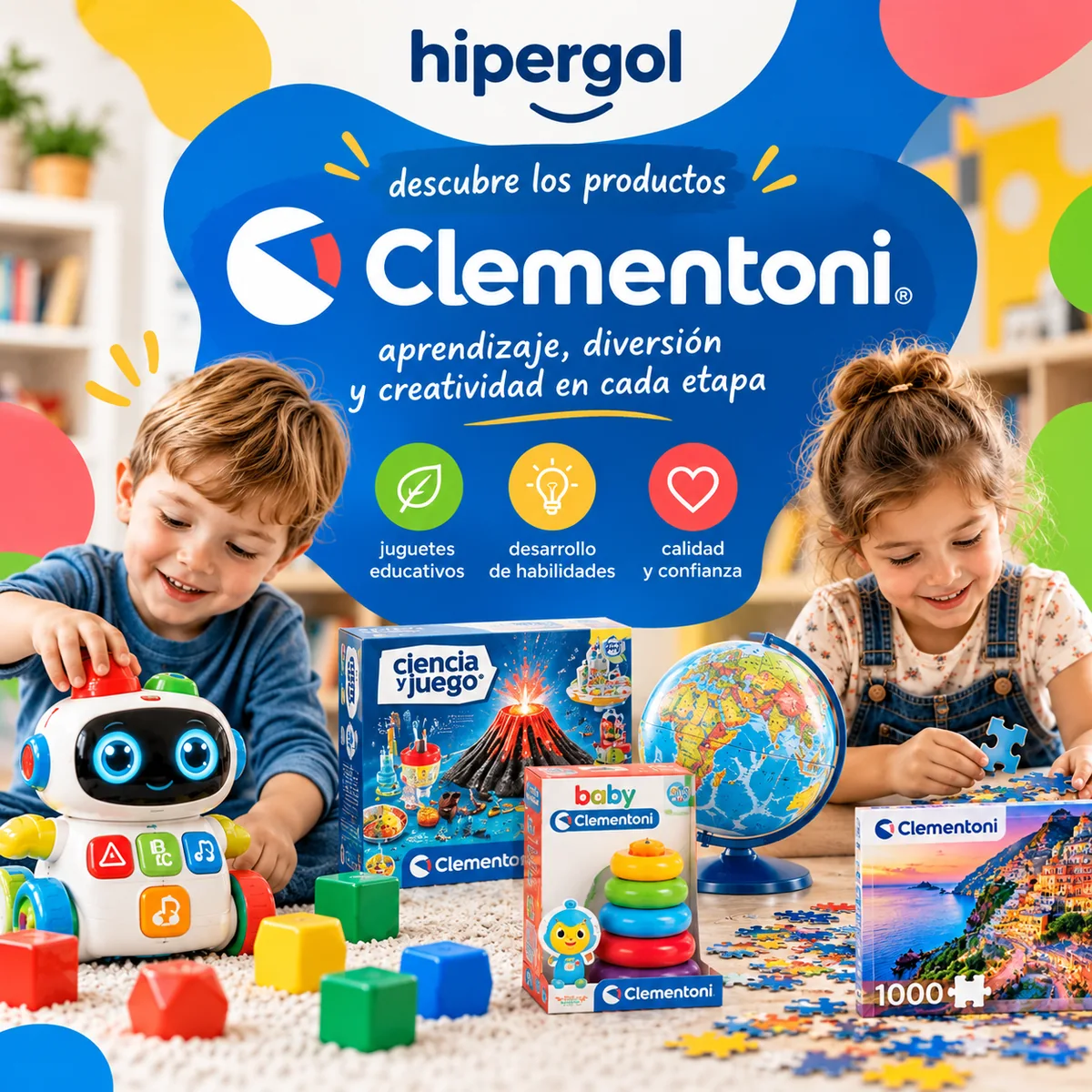 Productos Clementoni en Hipergol: niños jugando con robot educativo, juego Ciencia y Juego, Baby Clementoni, globo terráqueo y puzzle de 1000 piezas