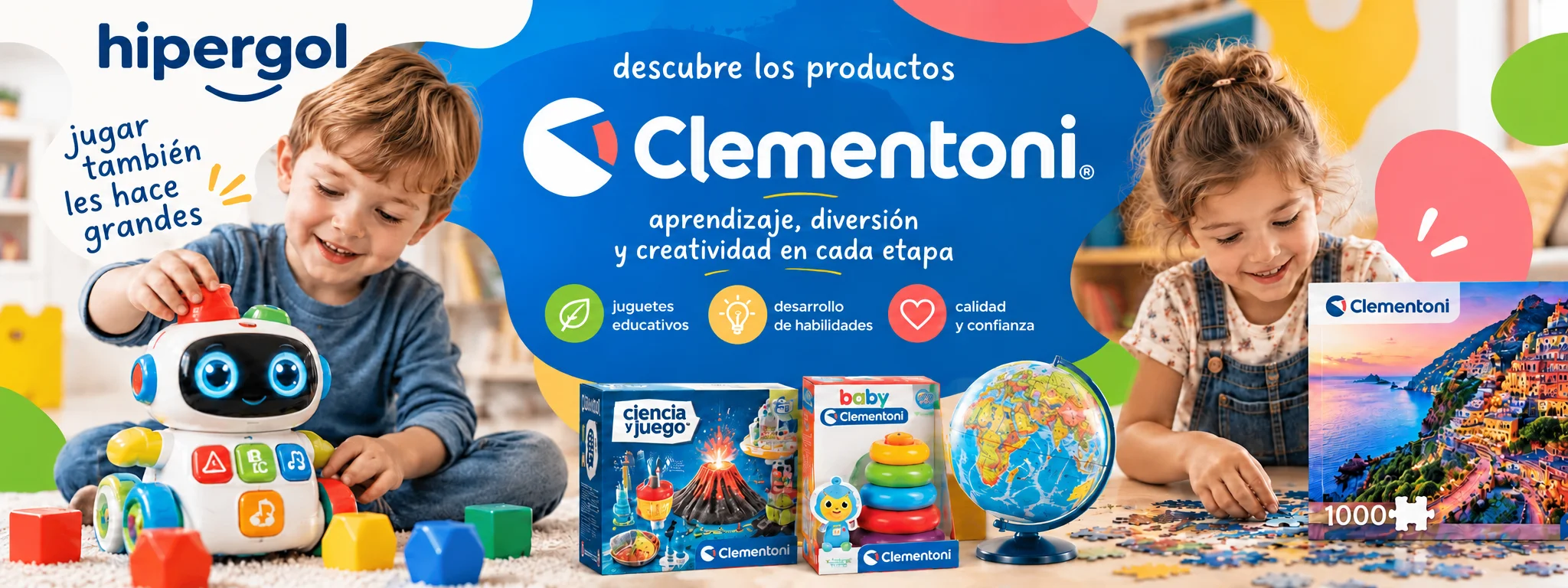 Productos Clementoni en Hipergol: niños jugando con robot educativo, juego Ciencia y Juego, Baby Clementoni, globo terráqueo y puzzle de 1000 piezas