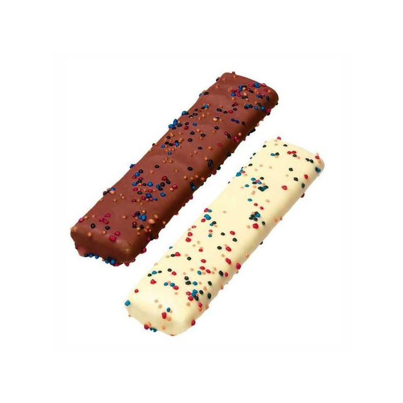 Dos barras de Maxi Crujitos Choco de Vidal, una con chocolate blanco y otra con leche, decoradas con bolitas de colores