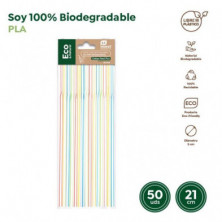 CAÑAS FLEXIBLES BIODEGRADABLE RAYADAS COLOR SURTIDO BOLSA 50U