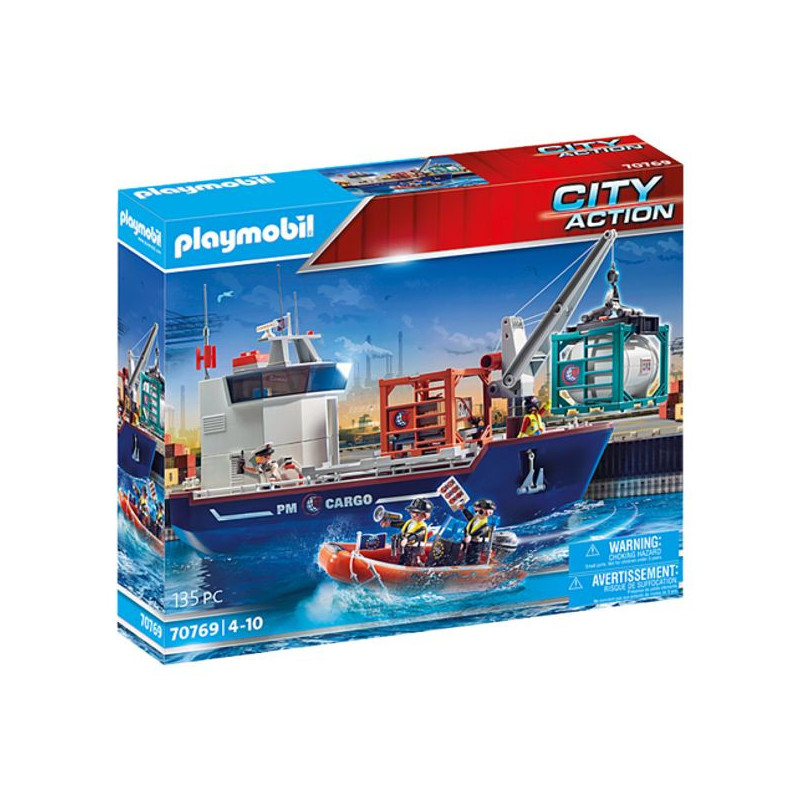 Imagen gran portacontenedor con barco aduanero playmobil