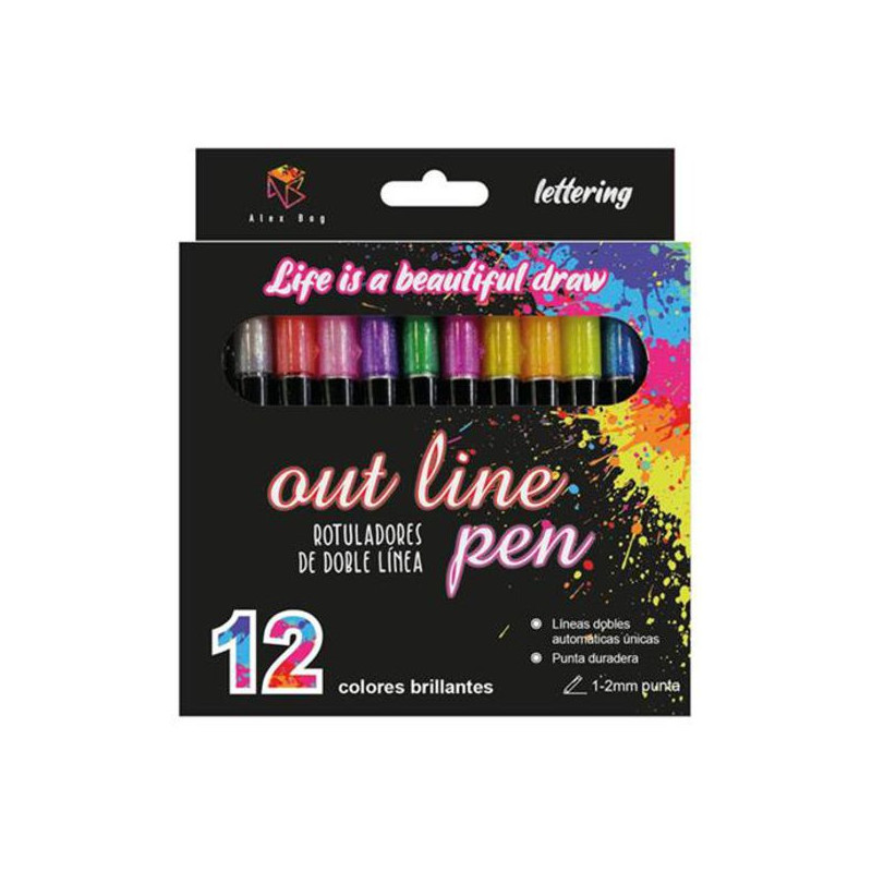 Imagen set 12 rotuladores outliner bicolor neon pastel