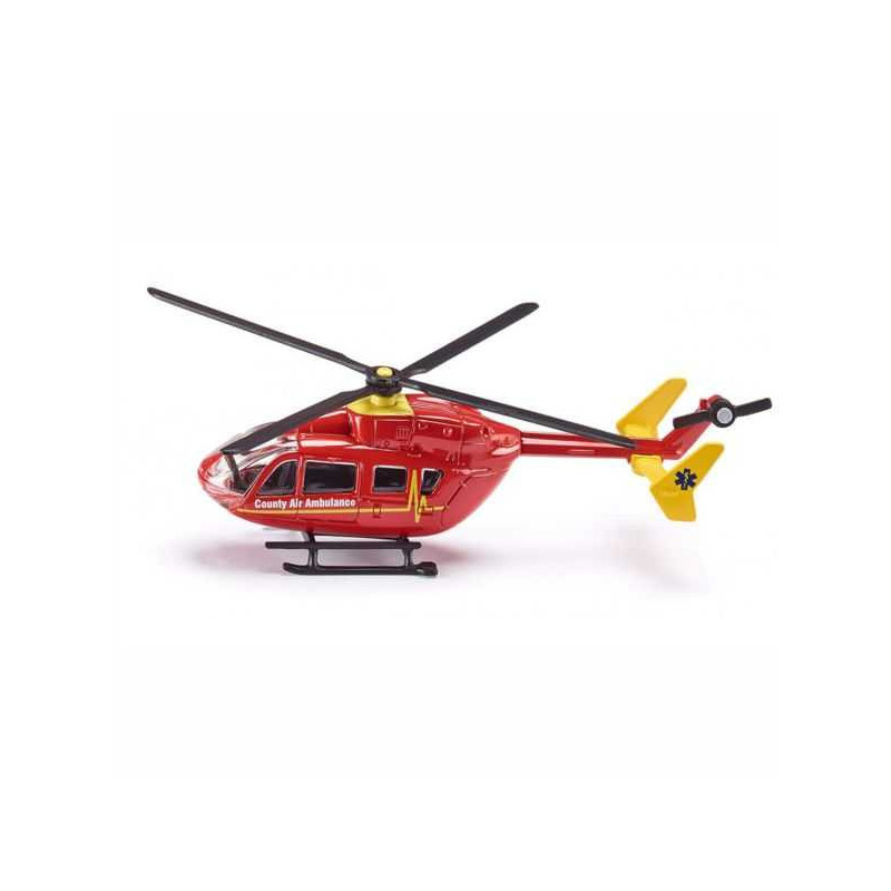 Helicóptero ambulancia SIKU rojo con detalles amarillos, vehículo de juguete en blister ideal para niños desde 3 años.