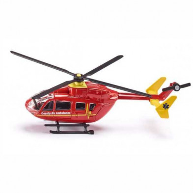 Helicóptero ambulancia SIKU rojo con detalles amarillos, vehículo de juguete en blister ideal para niños desde 3 años.