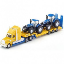 Tráiler amarillo con tractores azules