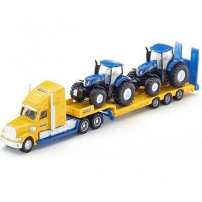 Tráiler amarillo con tractores azules