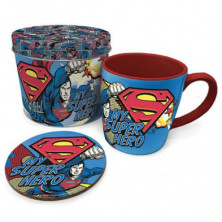 Imagen lata regalo con taza y posavasos superman