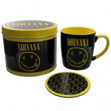 Imagen lata regalo con taza y posavasos nirvana smiley