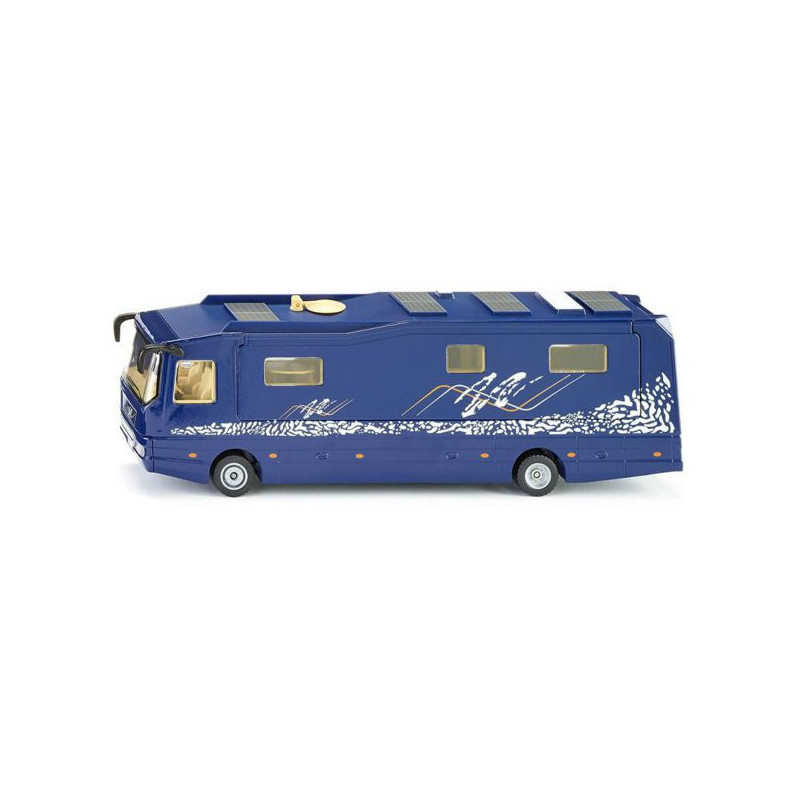 Autocaravana SIKU Volkner Mobil azul a escala 1:50 con detalles gráficos y ventanas realistas para juego o colección.