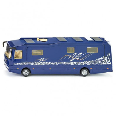 Autocaravana SIKU Volkner Mobil azul a escala 1:50 con detalles gráficos y ventanas realistas para juego o colección.