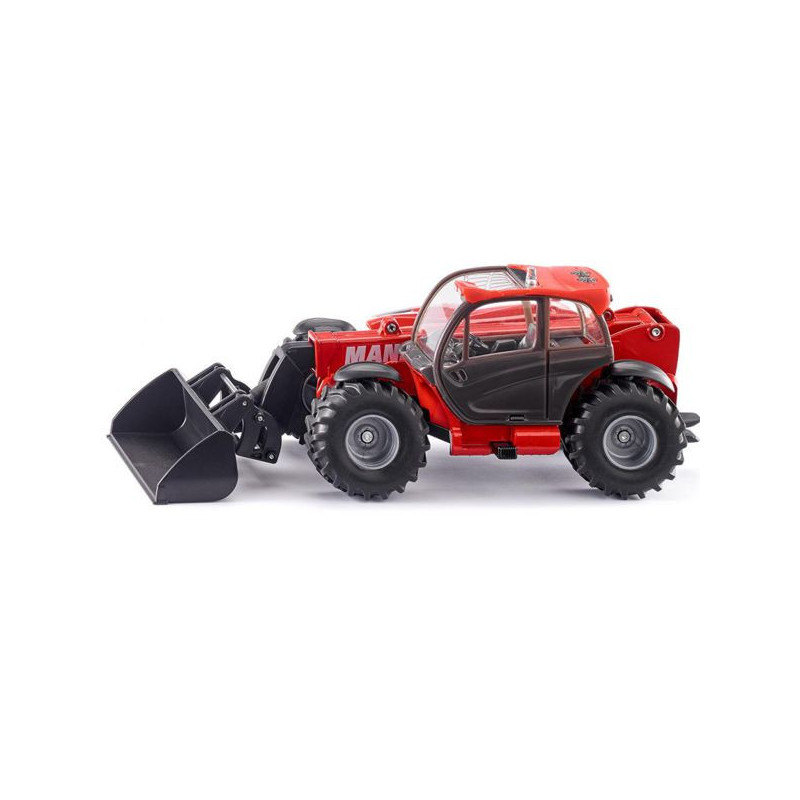 Carretilla telescópica Manitou MLT840 SIKU en rojo con pala frontal negra y cabina acristalada a escala 1:32.