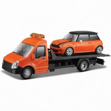 Imagen grúa y coche mini cooper naranja 1/43 bburago