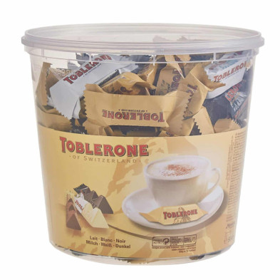 Cubo transparente de 904g con envoltorios surtidos de Toblerone