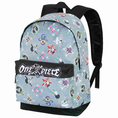 Imagen mochila urbana one piece con símbolos de calaveras