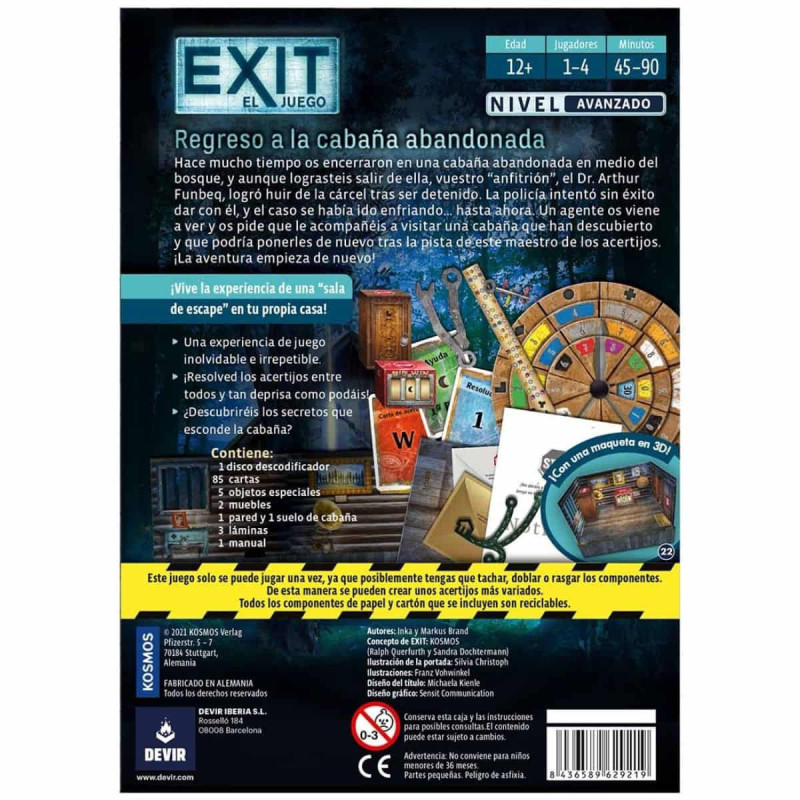 Devir - Exit: La Cabaña Abandonada Gioco Da Tavolo In Spagnolo | Escape Room A Casa, 1-6 Giocatori, 12+ Anni, 45-90 Min, Difficoltà Avanzata