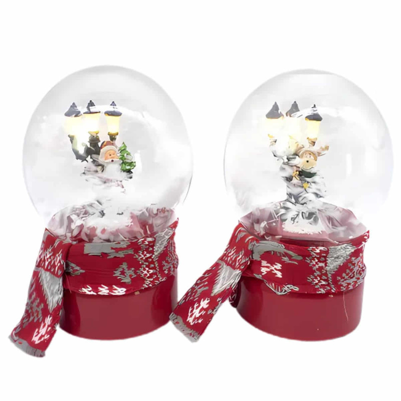BOLA MUSICAL DE NIEVE ROJA CON LUZ 13X19 CM - ADORNO NAVIDEÑO CON PAPÁ NOEL O RENO