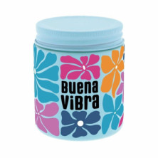 VELA AROMÁTICA BUENA VIBRA EN AZUL CLARO CON DISEÑO FLORAL COLORIDO
