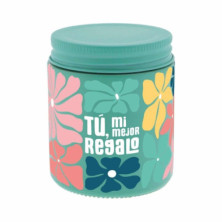 VELA AROMÁTICA TÚ MI MEJOR REGALO VERDE CON FLORES MULTICOLOR Y MENSAJE ESPECIAL