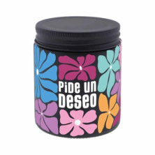 VELA AROMÁTICA PIDE UN DESEO NEGRA CON FLORES MULTICOLOR Y MENSAJE INSPIRADOR