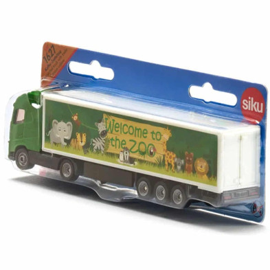 Tráiler decorado con elefante, jirafa, león y más animales del zoológico en el camión SIKU, ideal para juego simbólico.