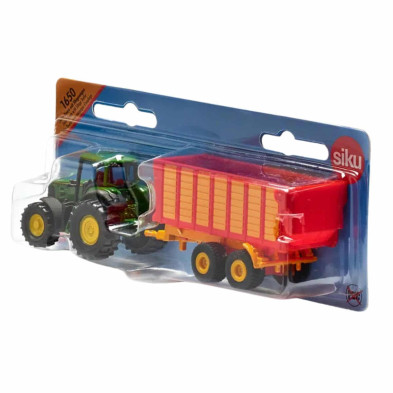 Vehículo agrícola de juguete SIKU con tractor potente y tráiler de carga, colores llamativos y diseño realista para niños.
