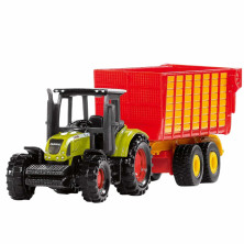 Tractor de juguete John Deere verde con tráiler de silo rojo y amarillo SIKU 1650, con ruedas grandes y remolque basculante.