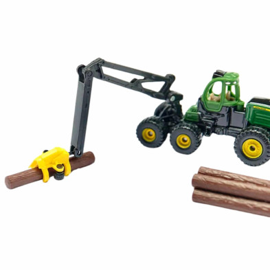 Harvester forestal SIKU 1652 en blister con troncos de juguete, maquinaria forestal John Deere a escala infantil.