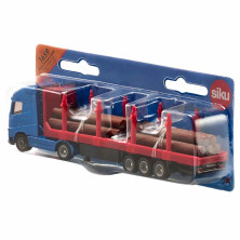 Remolque de juguete SIKU para transporte de troncos con soportes laterales rojos y troncos de plástico incluidos.