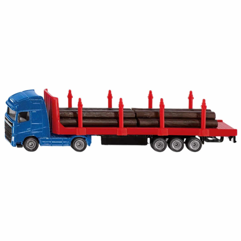 Camión Volvo SIKU azul con remolque rojo y carga de troncos marrones, vehículo forestal infantil en escala 1:87.