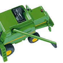 Modelo SIKU de cosechadora John Deere con cabina acristalada, ruedas detalladas y logotipos originales a escala miniatura.