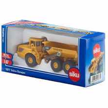 Camión de juguete SIKU en color amarillo con acabados metálicos, escala HO compatible con maquetas de construcción.