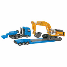 Excavadora amarilla sobre plataforma azul