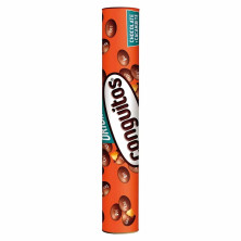 Tubo vertical de Conguitos chocolate negro de 450g sobre fondo blanco
