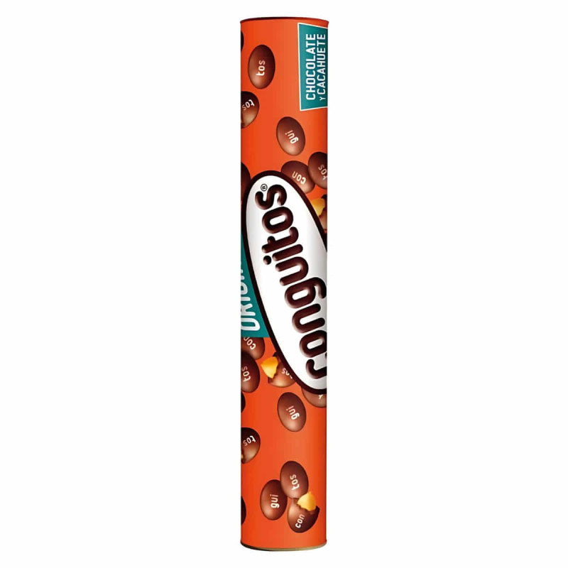 Tubo vertical de Conguitos chocolate negro de 450g sobre fondo blanco