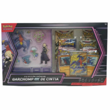 Imagen frontal de la colección premium Garchomp ex de Cintia con cartas y figuras visibles