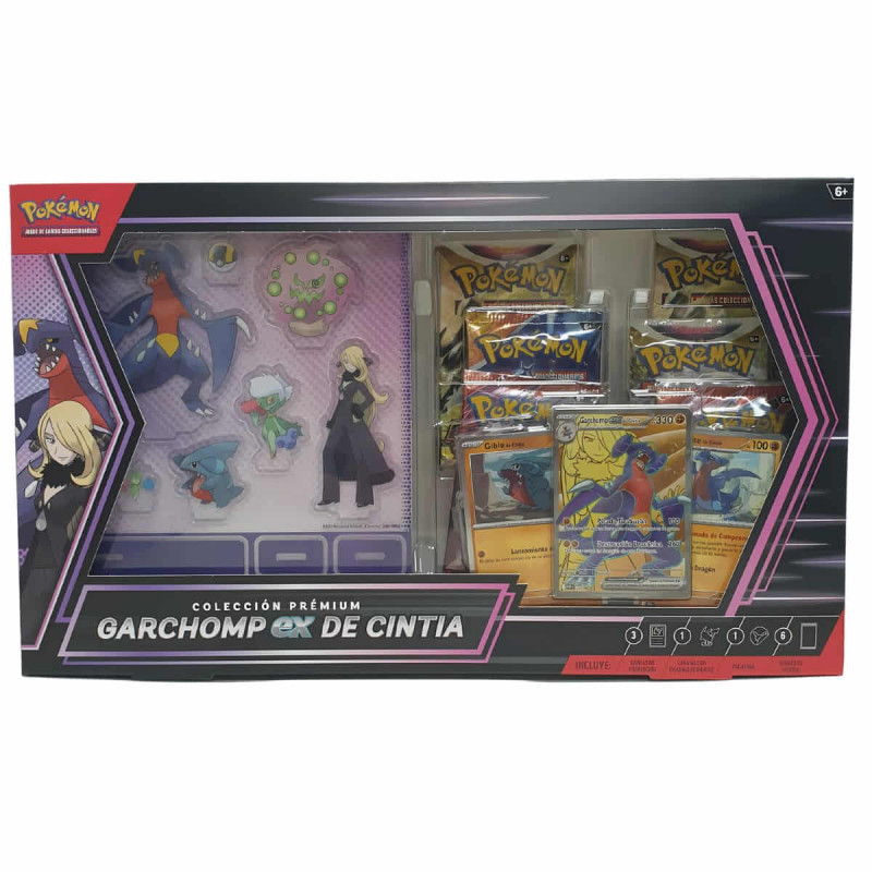 Imagen frontal de la colección premium Garchomp ex de Cintia con cartas y figuras visibles