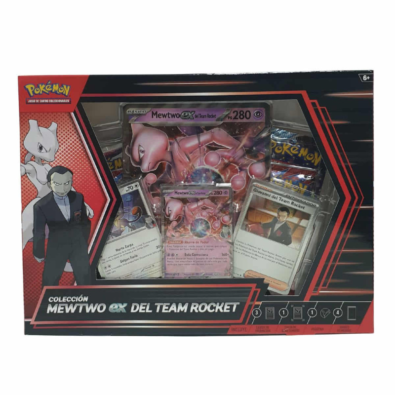 Imagen frontal de la caja Colección Mewtwo EX del Team Rocket JCC Pokémon.
