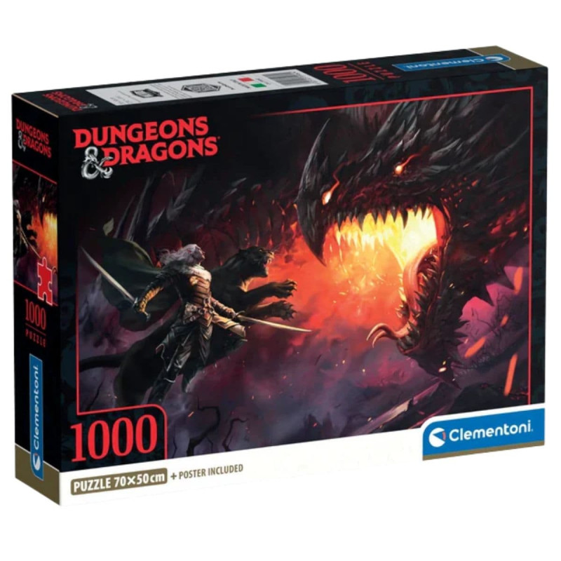 Caja frontal del puzle Clementoni Dungeons & Dragons con imagen de combate y datos técnicos