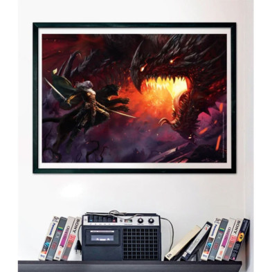 Póster enmarcado con la ilustración del puzle Clementoni Dungeons & Dragons colgado en pared
