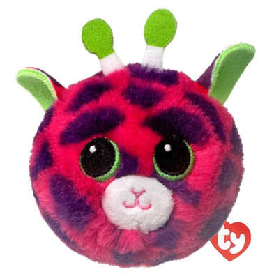 Peluche redondo jirafa Bouncers 8 cm Ty con manchas moradas sobre fondo rosa y etiqueta Ty en forma de corazón