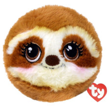 detalle del peluche redondo Chloe de Ty con cara de perezoso y logo en corazón rojo