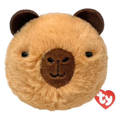 primer plano de la cabeza de un peluche capibara marrón con etiqueta ty en forma de corazón rojo