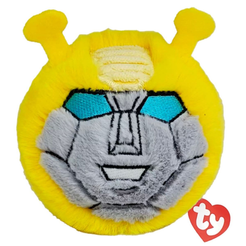 detalle del peluche Bouncers Bumblebee Transformers Ty 8 cm con cara bordada y logo Ty en forma de corazón rojo