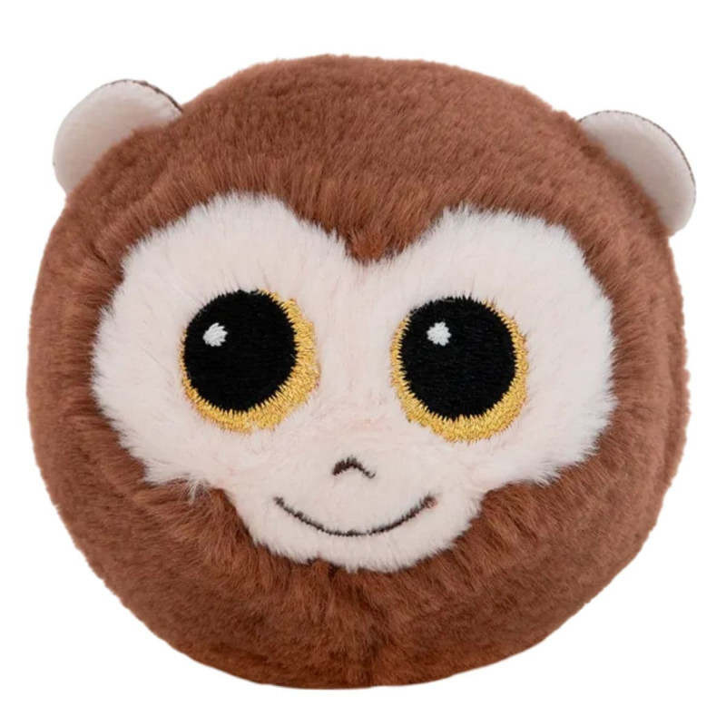 Vista frontal del peluche tipo bola con cara de mono ojos grandes bordados orejas pequeñas visibles