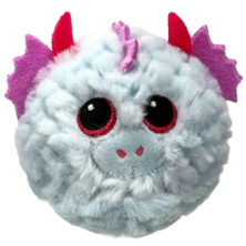 peluche redondo de dragón azul claro con cuernos y alas