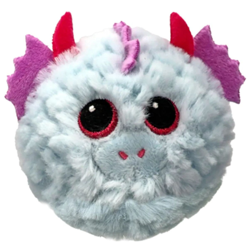 peluche redondo de dragón azul claro con cuernos y alas