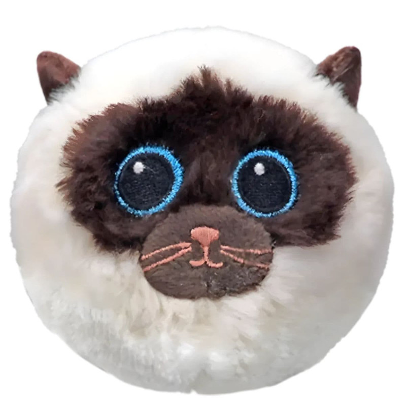 detalle del peluche redondo Gato Samy de Ty con ojos bordados y colores blanco y marrón oscuro