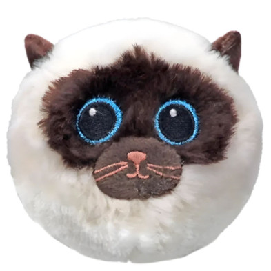 detalle del peluche redondo Gato Samy de Ty con ojos bordados y colores blanco y marrón oscuro