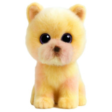 Peluche cachorro Pomeranian amarillo con ojos grandes y detalles en rosa claro