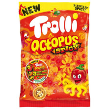 Bolsa frontal de Trolli Octopus Spicy con texto visible y diseño en tonos cálidos